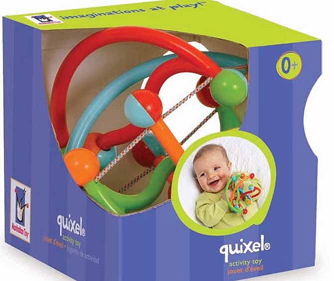 This image provided by the Consumer Product Safety Commission shows Manhattan Toy Quixel baby rattles. The Consumer Product Safety Commission is recalling the baby rattles Friday, Dec. 6, 2013, because the colored arches can break, creating a small part which poses a choking hazard to small children.