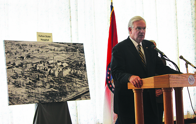 Gov. Jay Nixon addresses a crowded Fulton State Hospital cantina to announce he was releasing the remaining $11 million in state funds needed for planning and designing a new Fulton State Hospital. He also unveiled a 2015 budget proposal for issuing bonds to cover the remaninder of the $211 million project.