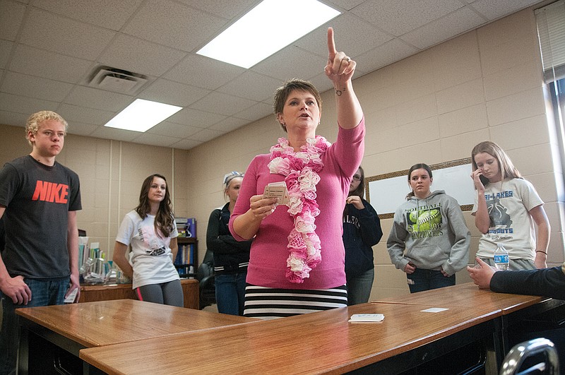 Shelly Sconce, math teacher at South Callaway High School, plays a vocabulary game with her geometry class on Wednesday. Sconce is nominated for a national teaching award, the LifeChanger Award, which recognizes educators that support students academically and emotionally. The grand prize winner receives a $10,000 cash prize. The winner will be announced in April.