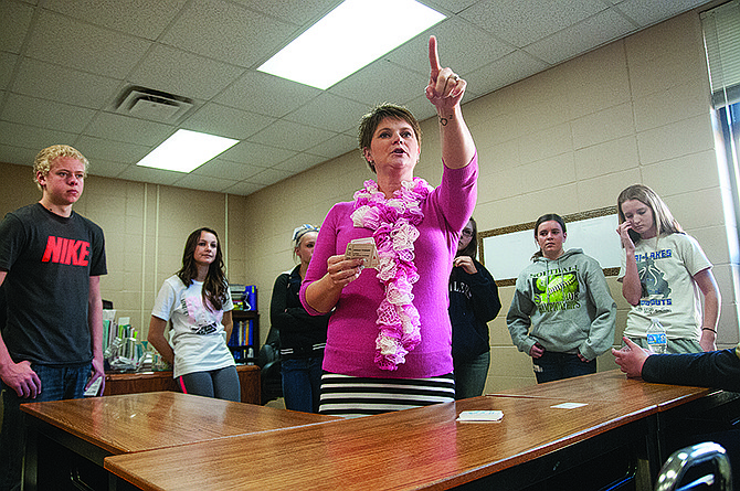 
Shelly Sconce, math teacher at South Callaway High School, plays a vocabulary game with her geometry class on Wednesday. Sconce is nominated for a national teaching award, the LifeChanger Award, which recognizes educators that support students academically and emotionally. The grand prize winner receives a $10,000 cash prize and will be announced in April.