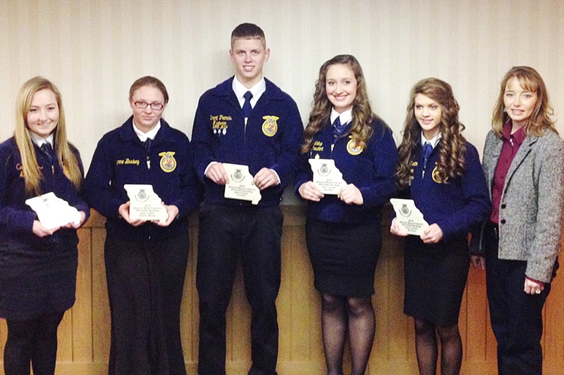 FFA State Public Speaking Contest winners are from, left to right, are Alysa Arki, Cheyenne Busbey, Brant Francis, Morgan Walkup, Libby Martin and MSP President Sarah Gehring. 