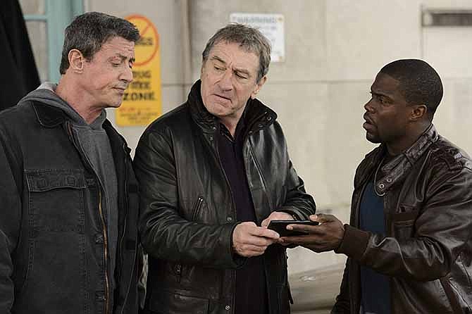 This image released by Warner Bros. Pictures shows, from left, Sylvester Stallone as Henry "Razor" Sharp, Robert De Niro as Billy 'The Kid' McDonnen and Kevin Hart as Dante Slate, Jr., in a scene from "Grudge Match."