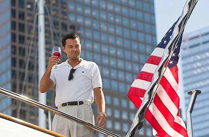 This film image released by Paramount Pictures shows Leonardo DiCaprio as Jordan Belfort in a scene from "The Wolf of Wall Street." 