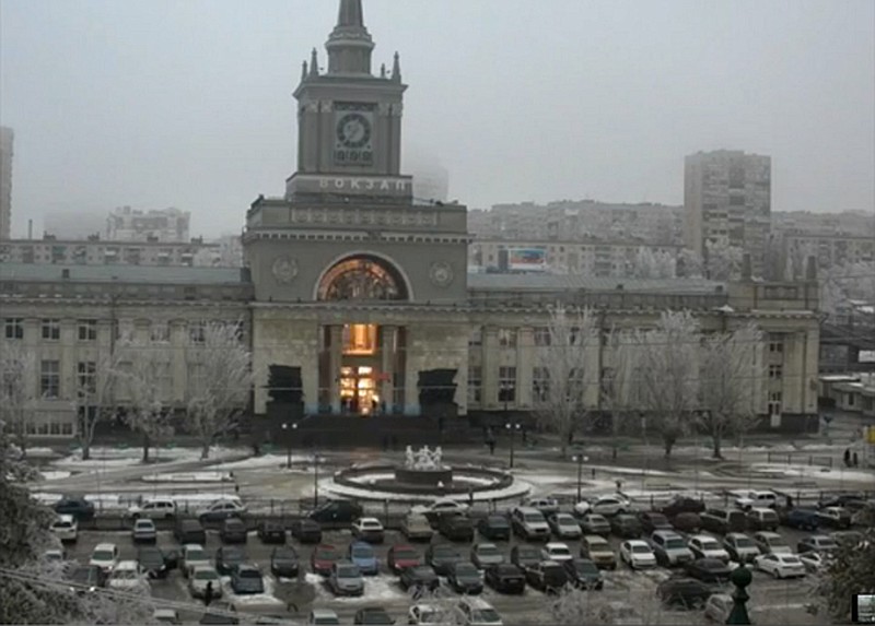 In this photo made by a public camera, the flash of an explosion illuminates the entrance to  Volgograd railway station in Volgograd Russia on Sunday.