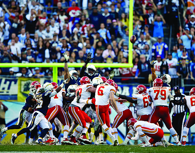 Chiefs kicker Ryan Succop misses the possible game-winning field goal during the closing seconds of Sunday's contest against the Chargers in San Diego.