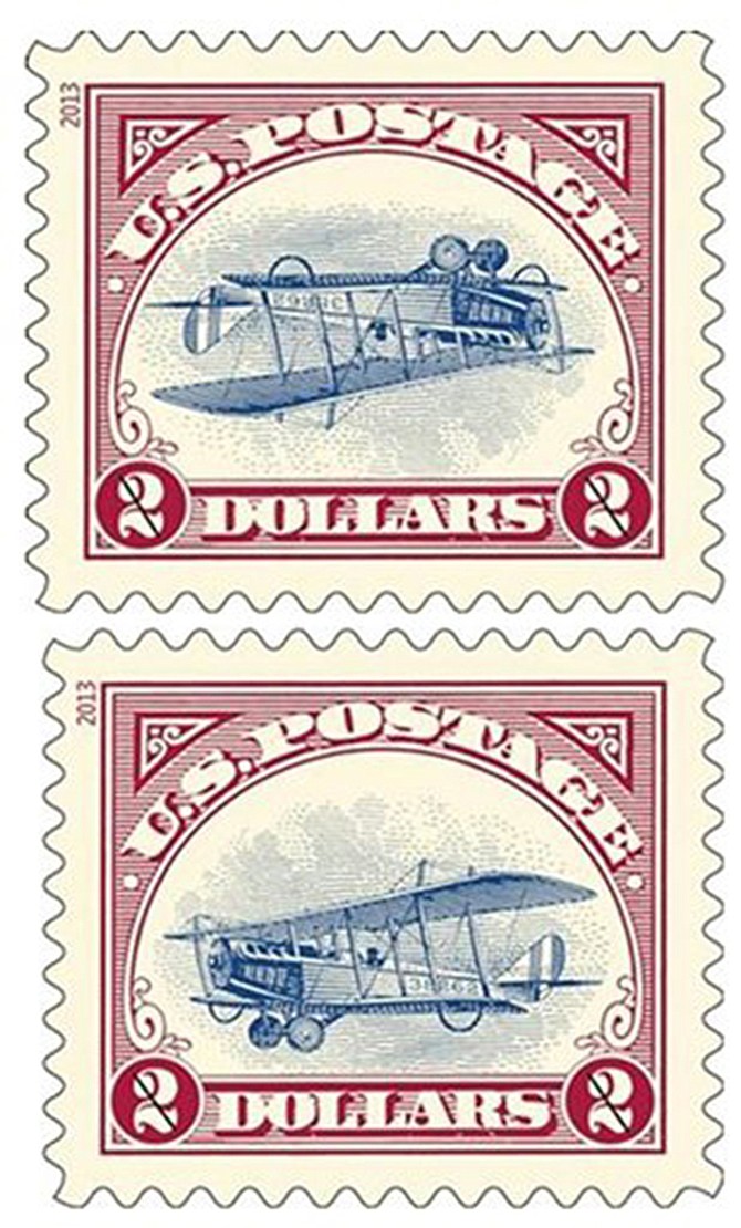 A reissue of two versions of the famous Inverted Jenny postage stamp is shown. The original 1918 stamp was printed with the upside-down bi-plane by mistake. The mistake was reissued by the USPS along with a limited run of corrected stamps in 2013 as a way to bring more people into stamp collecting.