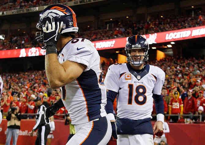 Denver Broncos quarterback Peyton Manning (18) congratulates wide receiver Eric Decker (87) for a touchdown reception during the second half of an NFL football game against the Kansas City Chiefs, Sunday, Dec. 1, 2013, in Kansas City, Mo. 