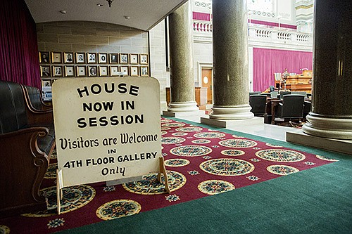 A sign sits in the Missouri House Chambers inviting guests to observe from the fourth floor on Tuesday afternoon. The Missouri Legislature will be in session starting Wednesday.