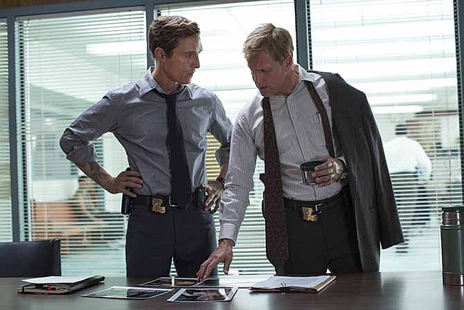 This image released by HBO shows Matthew McConaughey, left, and Woody Harrelson from the HBO series "True Detective," premiering Jan. 12, at 9 p.m. EST. 