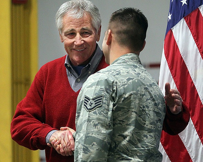 Defense Secretary Chuck Hagel greets an airman Thursday from the 20th Air Force 90th Missile Wing during a trip to F.E. Warren Air Force Base in Cheyenne, Wyo. It was the first time since 1982 that a defense secretary has visited the nuclear missile base.