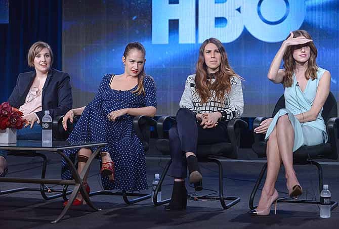 From left, Lena Dunham, Jemima Kirke, Zosia Mamet, and Allison Williams on stage during the Girls panel discussion at the HBO portion of the 2014 Winter Television Critics Association tour at the Langham Hotel on Thursday, Jan. 9, 2014 in Pasadena, Calif. 