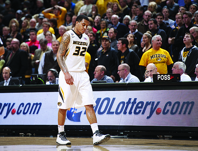 Missouri's Jabari Brown walks dejectedly down the court after missing a 3-point shot in overtime of Wednesday night's loss to Georgia at Mizzou Arena.