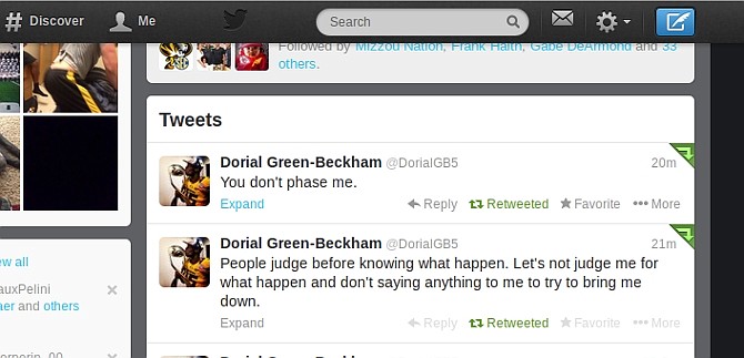 Shown in the screenshot above, Dorial Green-Beckham posted a message on his Twitter account at 7:51 p.m. on Saturday which read, "People judge before knowing what happen. Let's not judge me for what happen and don't saying anything to me to try to bring me down." He also posted a tweet that read, "You don't phase me" a minute later, but it was removed shortly after it was posted.
