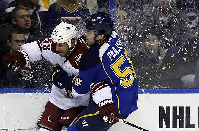 Phoenix Coyotes' Derek Morris, left, and St. Louis Blues' Magnus Paajarvi, of Sweden, collide while chasing the puck during the second period of an NHL hockey game Tuesday, Jan. 14, 2014, in St. Louis. 
