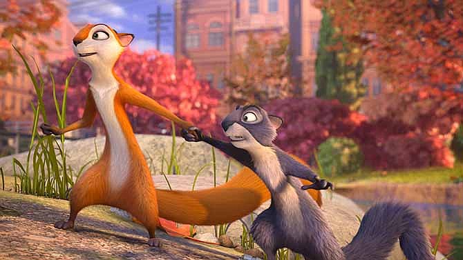 This image released by Open Road Films shows, Andie, voiced by Katherine Heigl, left, and Surly, voiced by Will Arnett, in a scene from "The Nut Job." 