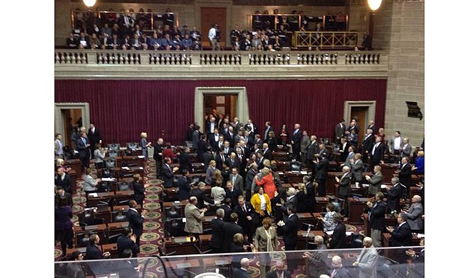 Senators enter the Missouri House Chamber in advance of Gov. Jay Nixon's delivery of the State of the State address on Tuesday, Jan. 21, 2014. 