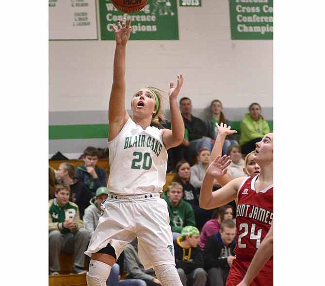 Blair Oaks senior LeeAnn Polowy goes in for a lay-up during Thursday night's game against St. James in Wardsville.