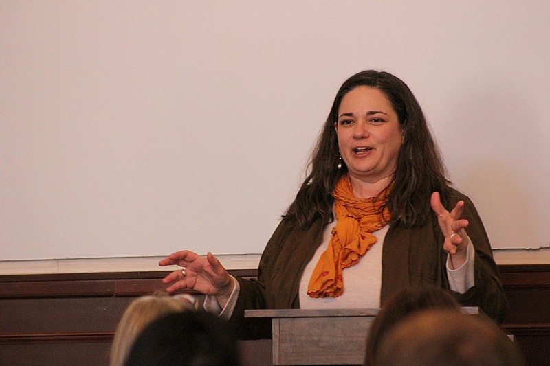 State Sen. Jolie Justus addresses a crowd of faculty and students at Westminster College Monday. Justus visited to highlight her legislative priorities for 2014 and answer questions from constituents.