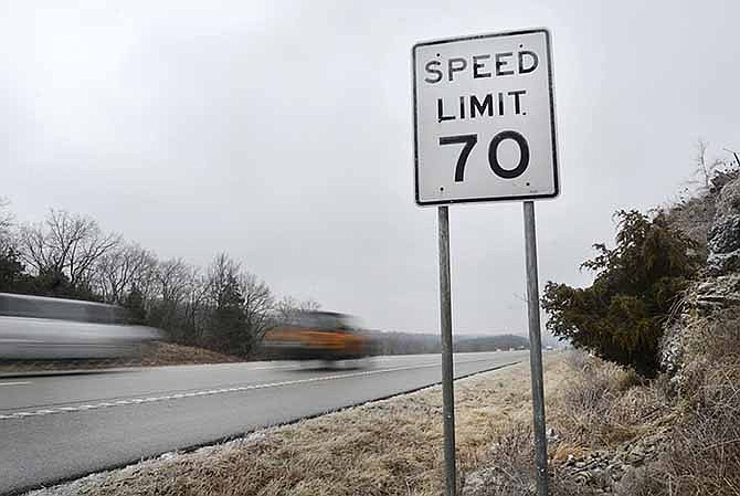 A speed limit sign is seen along U.S. 54. A proposed bill in the Missouri legislature would increase the speed along rural interstates and freeways from 70 to 75.