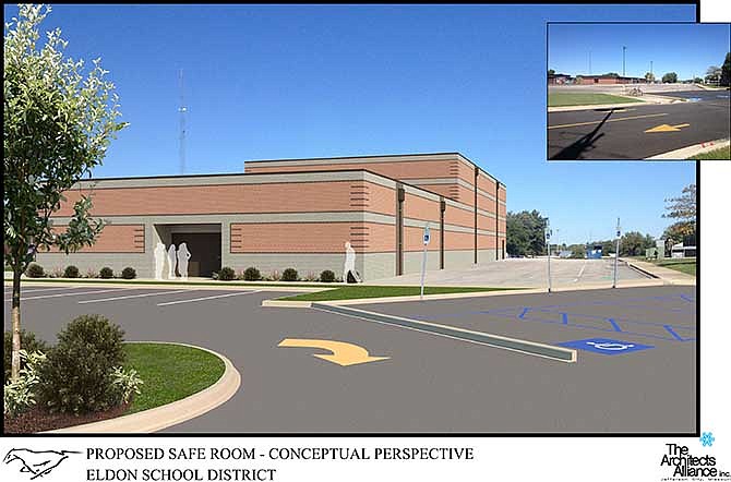 The 9,000-square-foot, free-standing storm shelter, depicted in the architect's drawing above, would be located between the Eldon R-1 district's South and Upper Elementary schools in what is currently a bus loading zone.