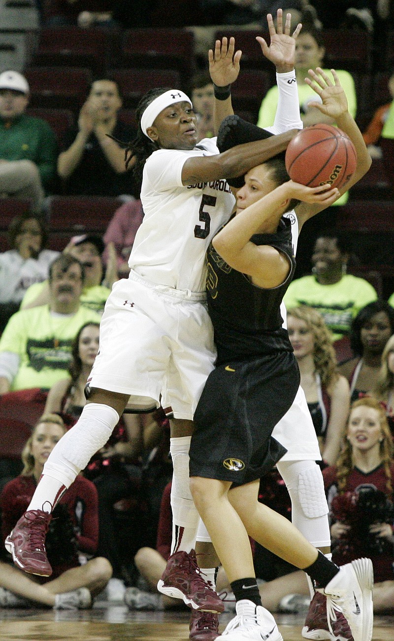 South Carolina's Khadijah Sessions (5) gets called for the foul while guarding Missouri's Bri Kulas during Sunday's game in Columbia, SC.