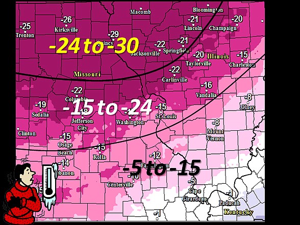 Wind Chill Warnings/Advisories were issued across Mid-Missouri through noon Thursday, thanks to low temperatures between 5 above zero and 12 degrees below zero and northwest winds of 10 to 15 mph. The combination was producing wind chill values from 5 to 30 degrees below zero through midday. 