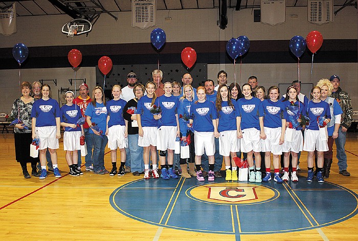 Members of the California Middle School eighth grade girls basketball team, and their parents, were recognized via a special ceremony Jan. 30, "Eighth Grade Night," in which the Lady Pintos played their final game of the season at home against Osage, and won 36-14.