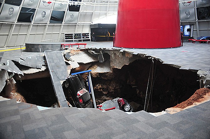 Several cars collapsed into a sinkhole at the National Corvette Museum in Bowling Green, Ky. The museum said a total of eight cars were damaged when a sinkhole opened up early Wednesday morning inside the museum.
