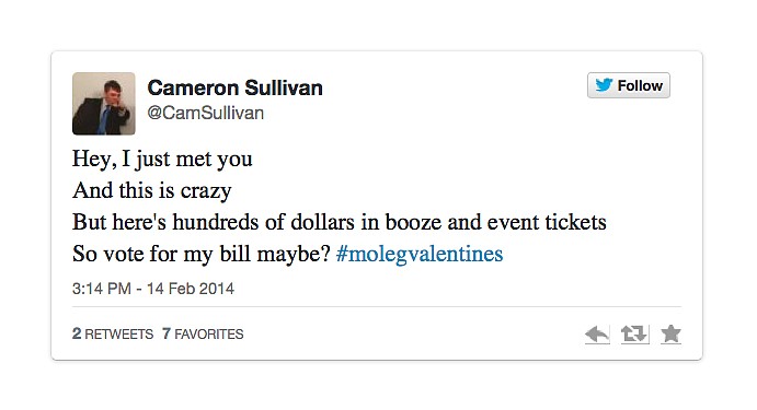 Valentine's Day was met with a bit of political satire on Twitter, like the tweet above, echoing the lyrics of Carly Rae Jepsen's catchy pop song "Call Me Maybe." The tweets - some poking fun at issues or people at the Missouri Capitol - were posted with the #MOLegValentines hashtag.