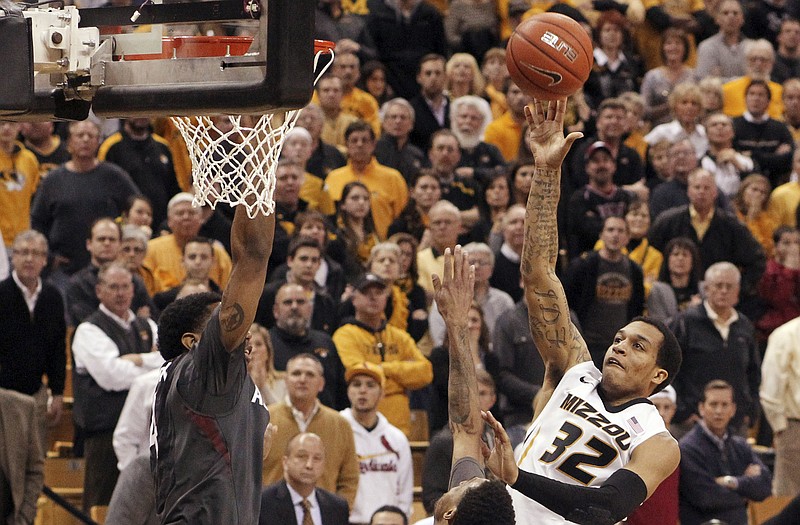 Jabari Brown of Missouri takes the game-winning shot in the final minute of Thursday night's game against Arkansas at Mizzou Arena.