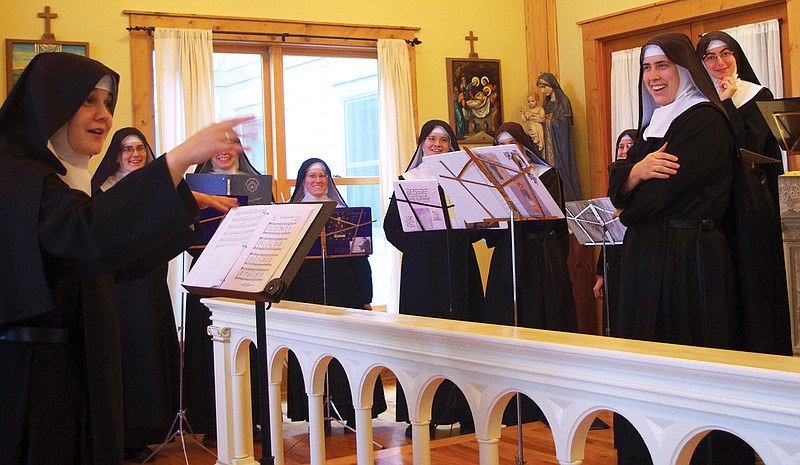 Mother Cecilia, left, conducts the Sisters during the recording sessions at the Priory of The Benedictines of Mary called "Ephesus" near Gower. The Benedictines of Mary were named Billboard's Top Traditional Classical Album Artist of 2013, for the second year in a row. 