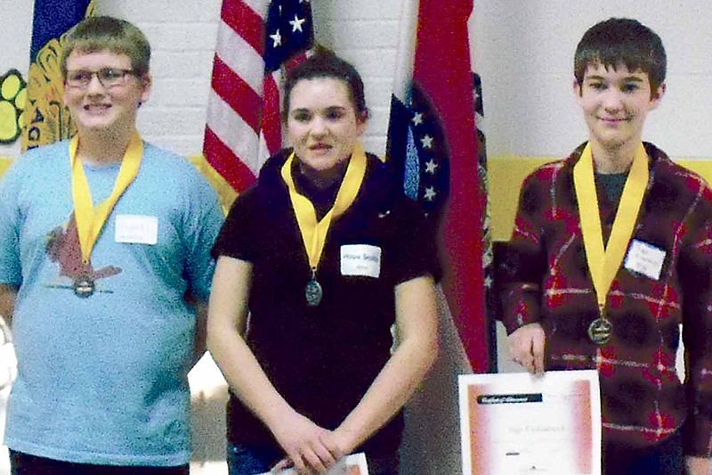 Photo submitted
The CCAA Geography Bee winners were, left to right, Ryan Siegal, Otterville, third place; Hope Smith, Hibee, second place; and Sage Eichenburch, Prairie Home, first place.