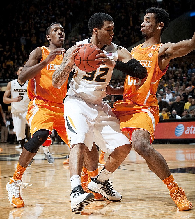 Missouri's Jabari Brown is surrounded by Tennessee's Josh Richardson (left) and Derek Reese during last Saturday's game in Columbia. Brown is hoping to bounce back from a tough outing against Vanderbilt on Wednesday.