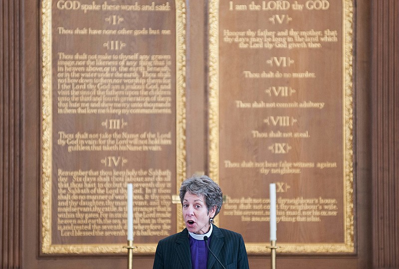 Katharine Jefferts Schori, the first female presiding bishop of the Episcopal Church, gives insight on the relationship between science and religion inside the Church of St. Mary Aldermanbury Thursday. Schori, who is also an oceanographer, was selected as the presenter of the second annual C.S. Lewis Legacy Lecture at Westminster College, which she titled, "Who are we, Whence, Whither, and Why?"