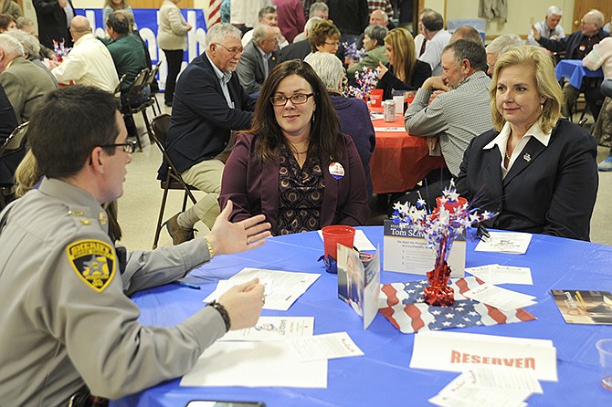 The Osage County Republican Committee has a surprising number of young members, like Sheriff Michael Dixon, 27, and Rachel Bauer, 30, who had the chance to visit with Catherine Hanaway, right, the only Republican who has announced plans to run in the 2016 governor's race, at the recent Lincoln Day Banquet in Westphalia.