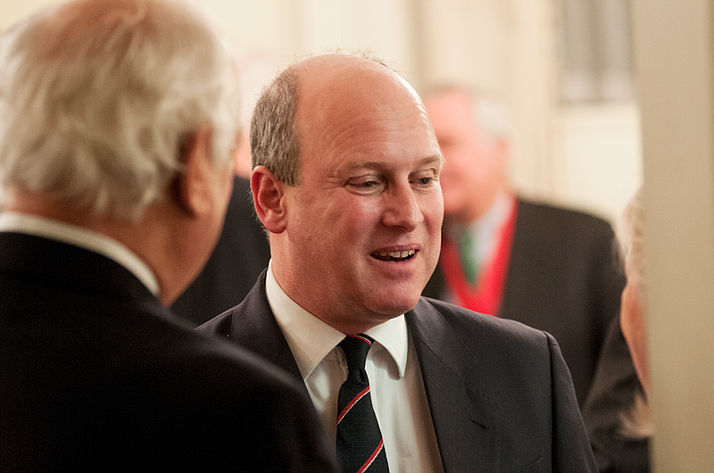 Randolph Churchill, great-grandson of Winston Churchill, chats with attendees of tonight's cocktail and dinner reception to kickoff the National Churchill Museum's annual "Churchill Weekend."