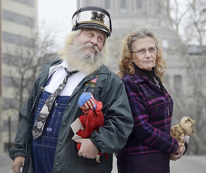 Velma and Leonard Steinman pose for a portrait near the Missouri Capitol. The husband and wife duo are both running for Congressman Blaine Luetkemeyer's seat on different party tickets, with Velma running as Democrat and Leonard as Republican.
