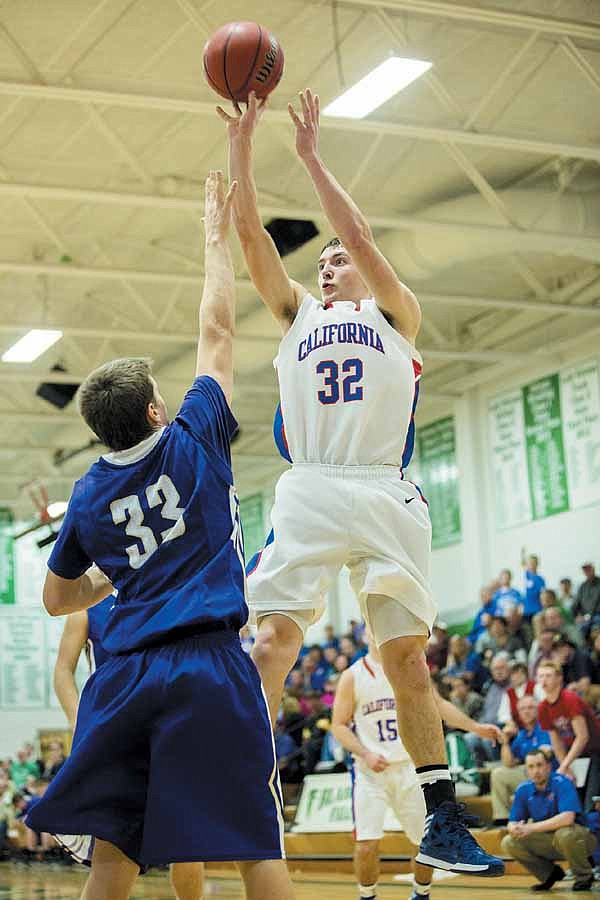 California's Dylan Albertson (32) puts up a shot during the Class 3 District 8 opener Feb. 25 at Blair Oaks High School. 