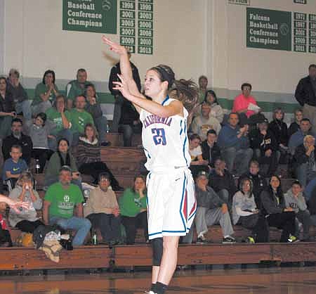 California junior Kamryn Koetting sinks a 3-pointer midway through the first quarter of the Class 3 District 8 semifinal game Feb. 26 at Blair Oaks High School to put the Lady Pintos on the board 3-0. California ultimately lost to Blair Oaks 48-21. 