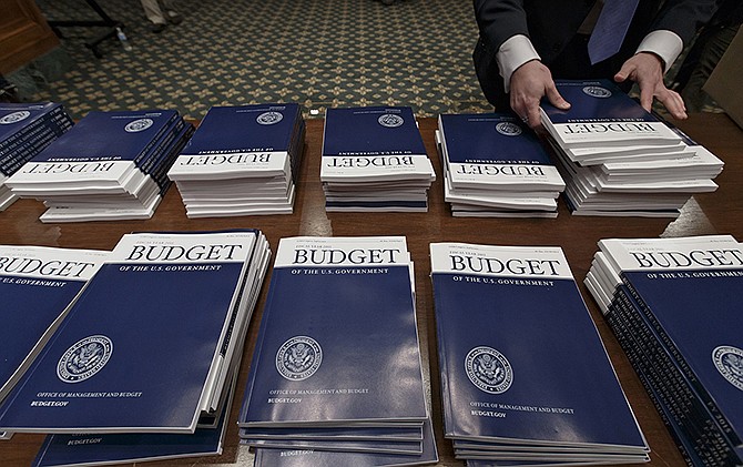 Copies of President Barack Obama's proposed fiscal 2015 budget are set out for distribution by Senate Budget Committee Clerk Adam Kamp on Capitol Hill.