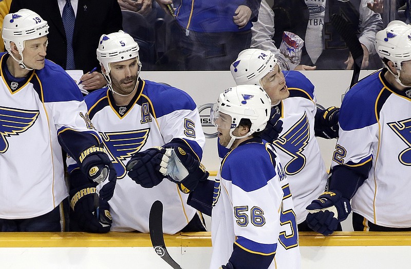 Blues left wing Magnus Paajarvi is congratulated after scoring during the second period of Thursday night's game against the Predators in Nashville, Tenn.