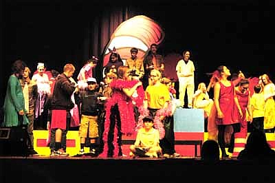 The California Middle School Musical performance of Seussical Jr., the thoughts of Boy JoJo (Madison Thompson), seated in front, take on life on the stage. 
