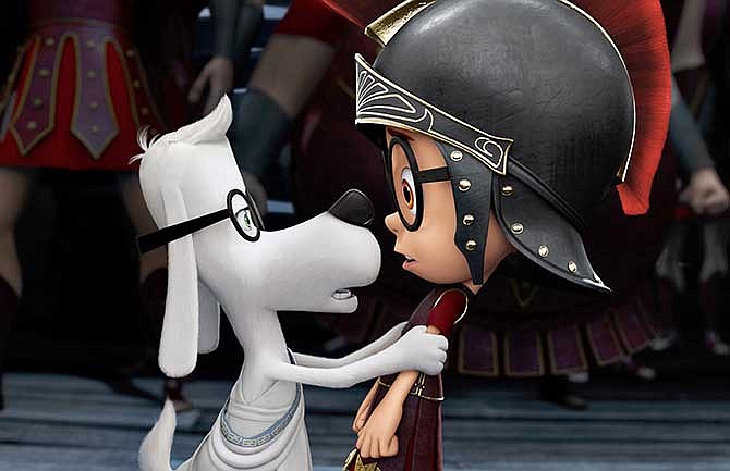 This image released by DreamWorks Animation shows Sherman, voiced by Max Charles, right, and Mr. Peabody, voiced by Ty Burell, in a scene from "Mr Peabody & Sherman."