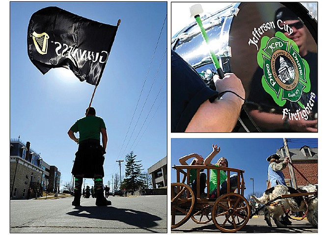 Clockwise from above left: Columbia resident Justin Boska proudly displays the Guinness flag at the end of Saturday's St. Patrick's Day parade; Jefferson City Fire Department Pipes and Drums drummer Doug Platter talks with other parade participants; and Megan Twehaus, left, and Ariel McTeer wave while riding in a cart led by Angel and her guide Darrell Dingerl.