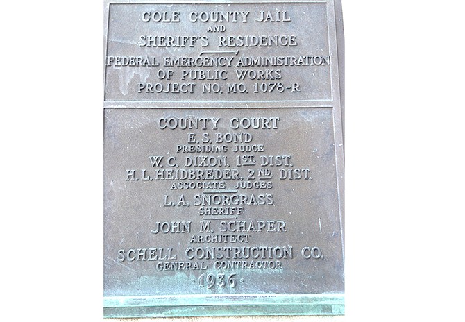 The Cole County Jail and Sheriff's House project was funded in 1936 by the Public Works Administration (PWA), as this plaque attached to the building denotes.