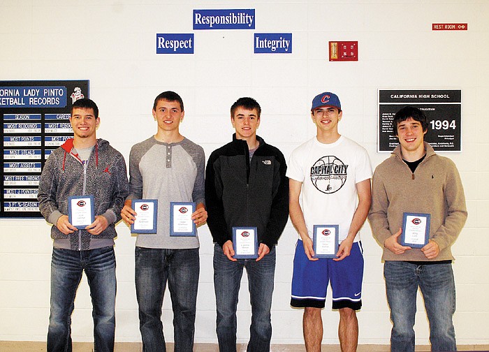 Athletes who were presented special awards at the California Pintos Basketball Awards Banquet Sunday, from left, are Cole George, Defensive MVP; Dylan Albertson, Leading Rebounder and Offensive MVP; Landon Mouse, Most Improved Player; Drew Norton, Most Improved Player; and Jerry Lutz, Team MVP. 