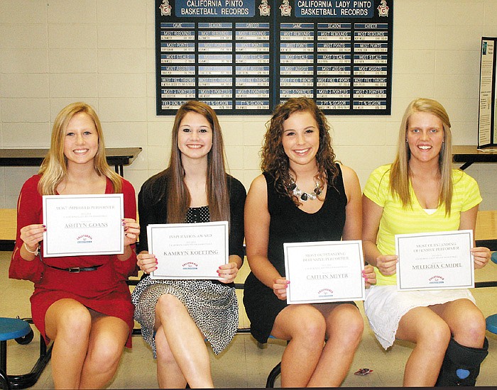 Lady Pinto basketball players who were presented special awards at the annual awards banquet, from left, are sophomore Ashtyn Goans, who received the Most Improved Performer Award; junior Kamryn Koetting, Inspiration Award; senior Caitlin Meyer, Most Outstanding Defensive Performer; and senior Meleigha Caudel, Most Outstanding Offensive Performer. 