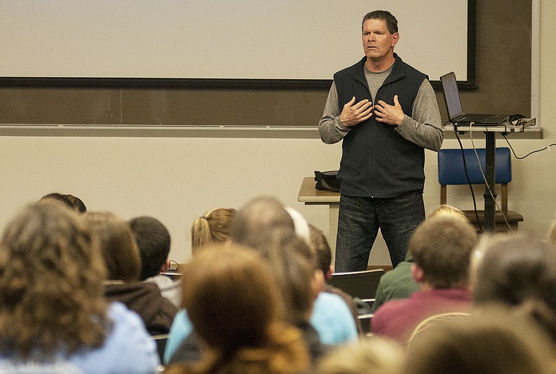 Jim Marshall, founder of the drug awareness organization Cody's Gift, speaks to William Woods University students Wednesday about the dangers of drug abuse. Marshall lost his son, Cody, to a heroin overdose in 2011 when Cody was 20.