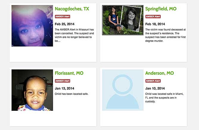 This screenshot taken from AmberAlert.com denotes that four Amber Alerts issued in Missouri in January and February 2014 have since been cancelled for various reasons. Two of the children were found safe, one was believed to no longer be with the suspect in Missouri, and 10-year-old Hailey Owens (upper right) was found deceased at the residence of the suspect who now is charged with the girl's death.