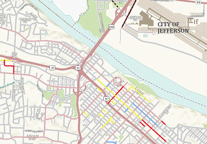 Yellow and red lines on the map above indicate street overlay projects planned for 2014-2015 in central sections of Jefferson City. For the complete map and listings, access the links in the article below.